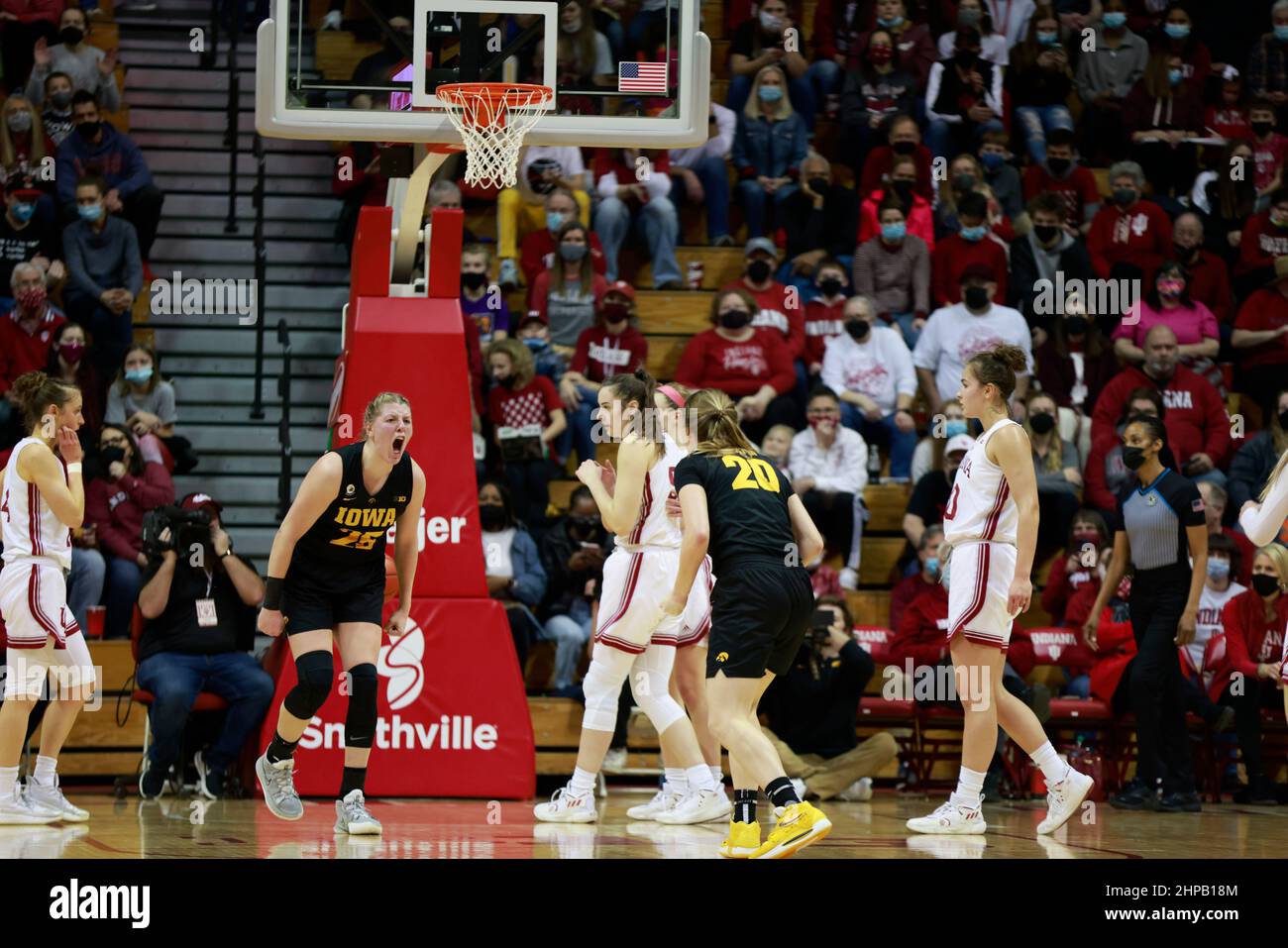 Bloomington, United States. 19th Feb, 2022. Iowa Hawkeyes forward Monika Czinano (25) reacts while playing against Indiana University during an NCAA women's basketball game in Bloomington, Ind. The Iowa Hawkeyes beat the Indiana University Hoosiers 96-91. Credit: SOPA Images Limited/Alamy Live News Stock Photo
