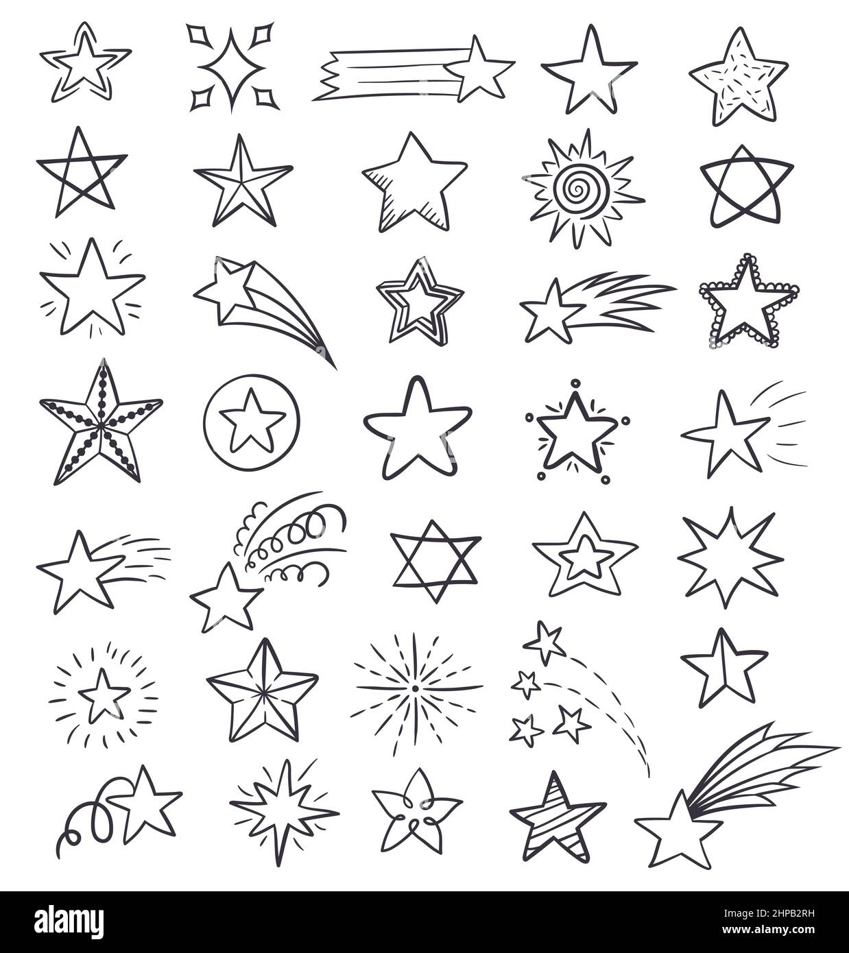 Set of hand drawn black colored linear cosmic elements, stars and comet ...
