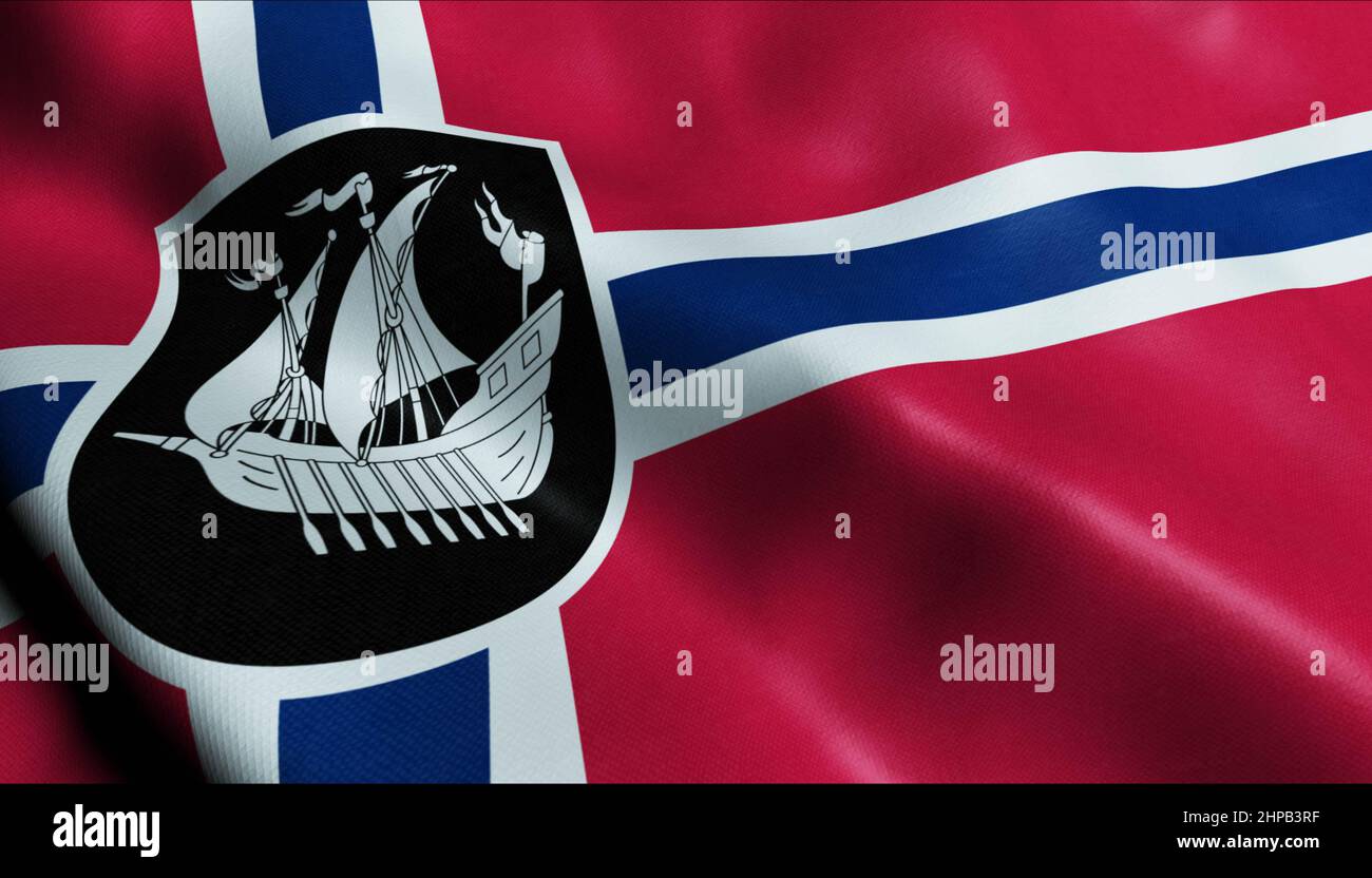 3D Illustration of waving Norway city flag of Kragero Stock Photo