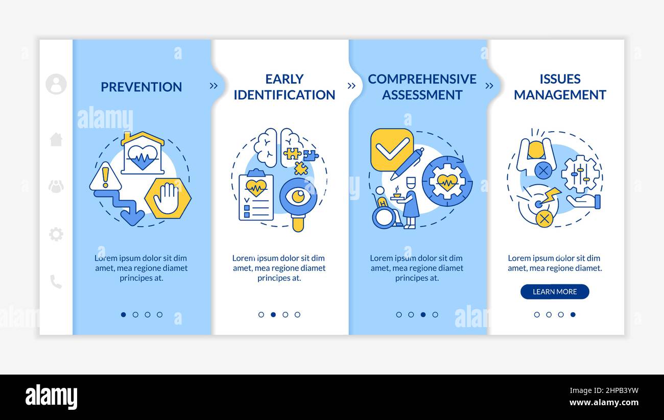 Palliative care stages blue and white onboarding template Stock Vector