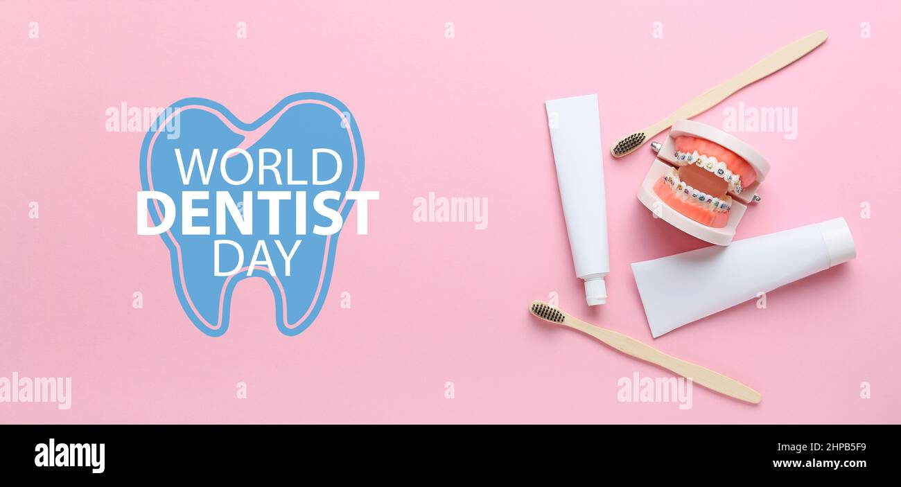 Model of jaw with dental braces, tooth brushes and paste on pink