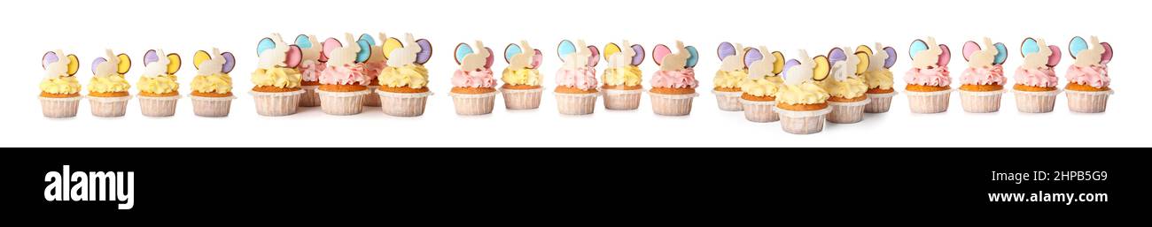Set of creative Easter cupcakes isolated on white Stock Photo