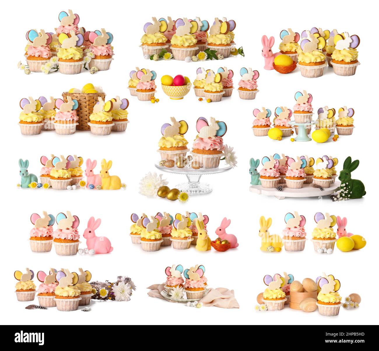 Set of creative Easter cupcakes isolated on white Stock Photo