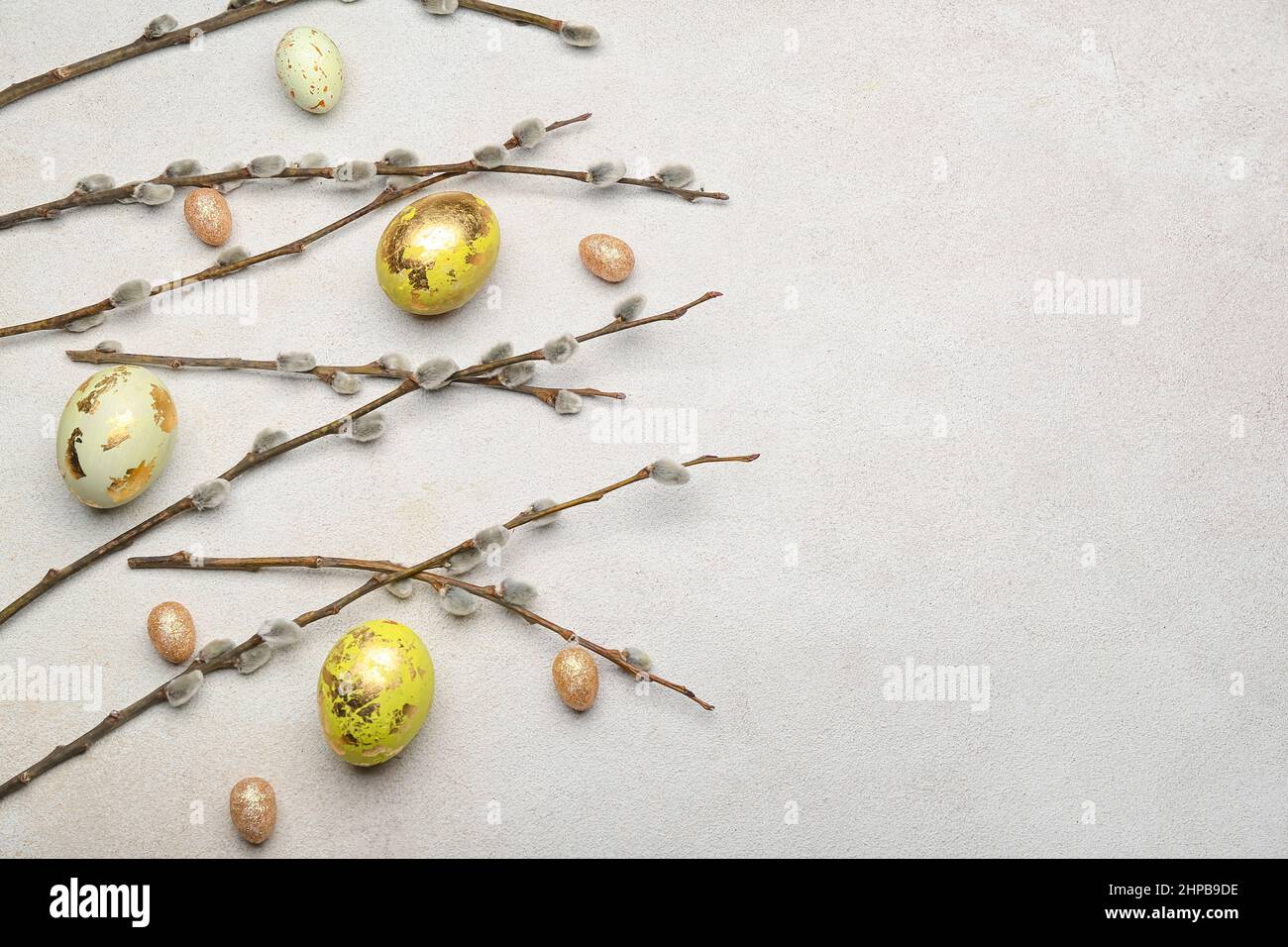 Painted Easter eggs and pussy willow branches on light background Stock ...