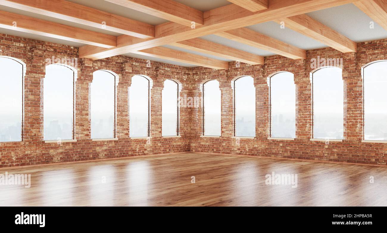 Loft studio Interior in old house. Big windows, brick red wall. 3d rendering. Stock Photo