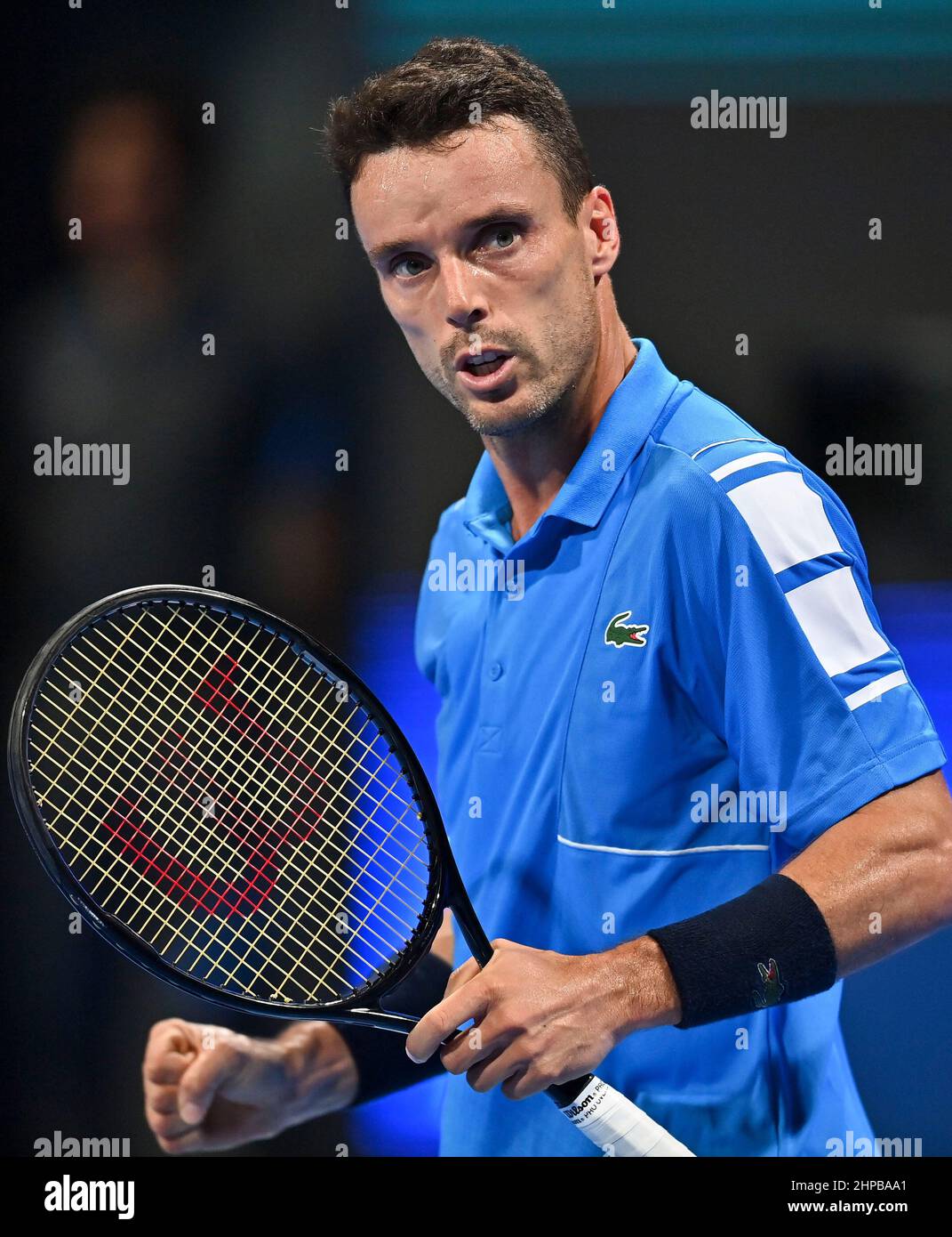 Doha. 19th Feb, 2022. Roberto Bautista Agut of Spain reacts during the ATP Qatar Open tennis tournament final at the Khalifa International Tennis Complex in Doha, Feb.19, 2022. Credit: Nikku/Xinhua/Alamy Live News Stock Photo