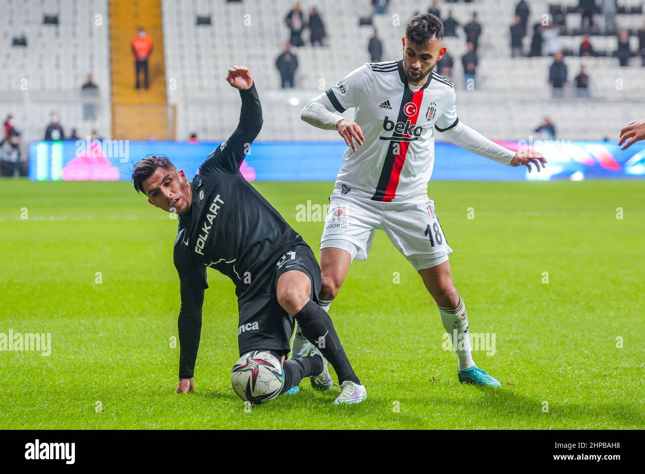 Istanbul, Turkey. 14th Jan, 2022. ISTANBUL, TURKEY - JANUARY 14: Furkan  Soyalp of Gaziantep FK challenges Rachid Ghezzal of Besiktas JK during the  Turkish Super Lig match between Besiktas and Gaziantep FK