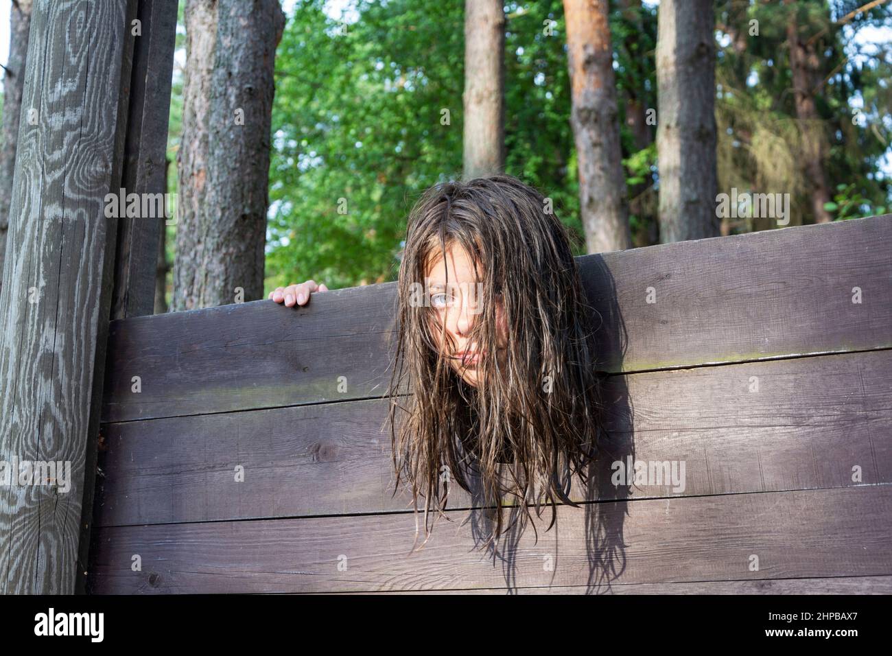 the head of a girl with long disheveled hair clamped in a guillotine, a scene of a medieval execution, a sentence. Stock Photo