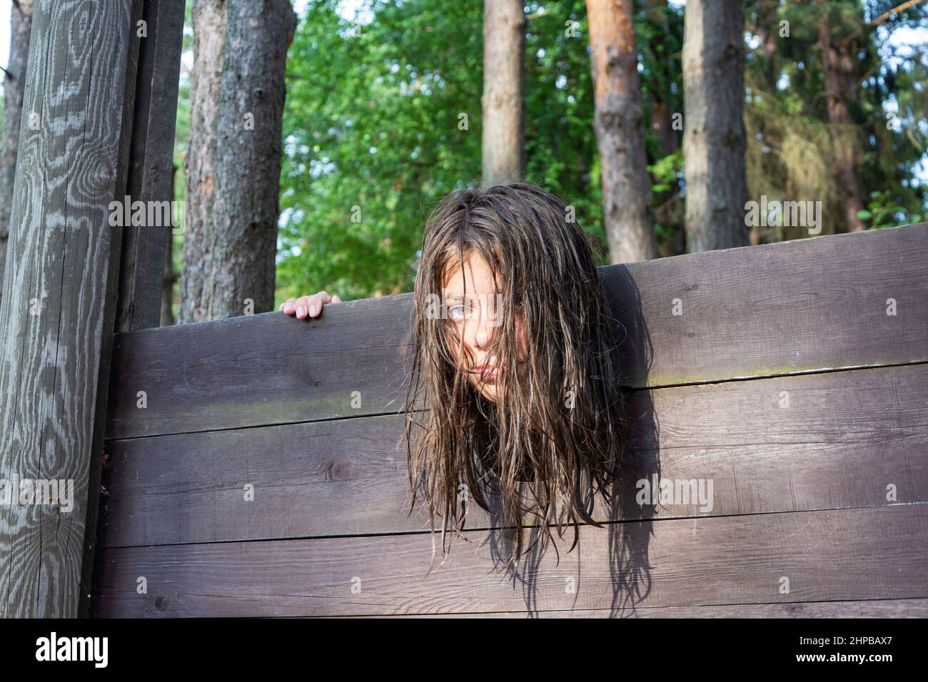 The Head Of A Girl With Long Disheveled Hair Clamped In A Guillotine A Scene Of A Medieval 