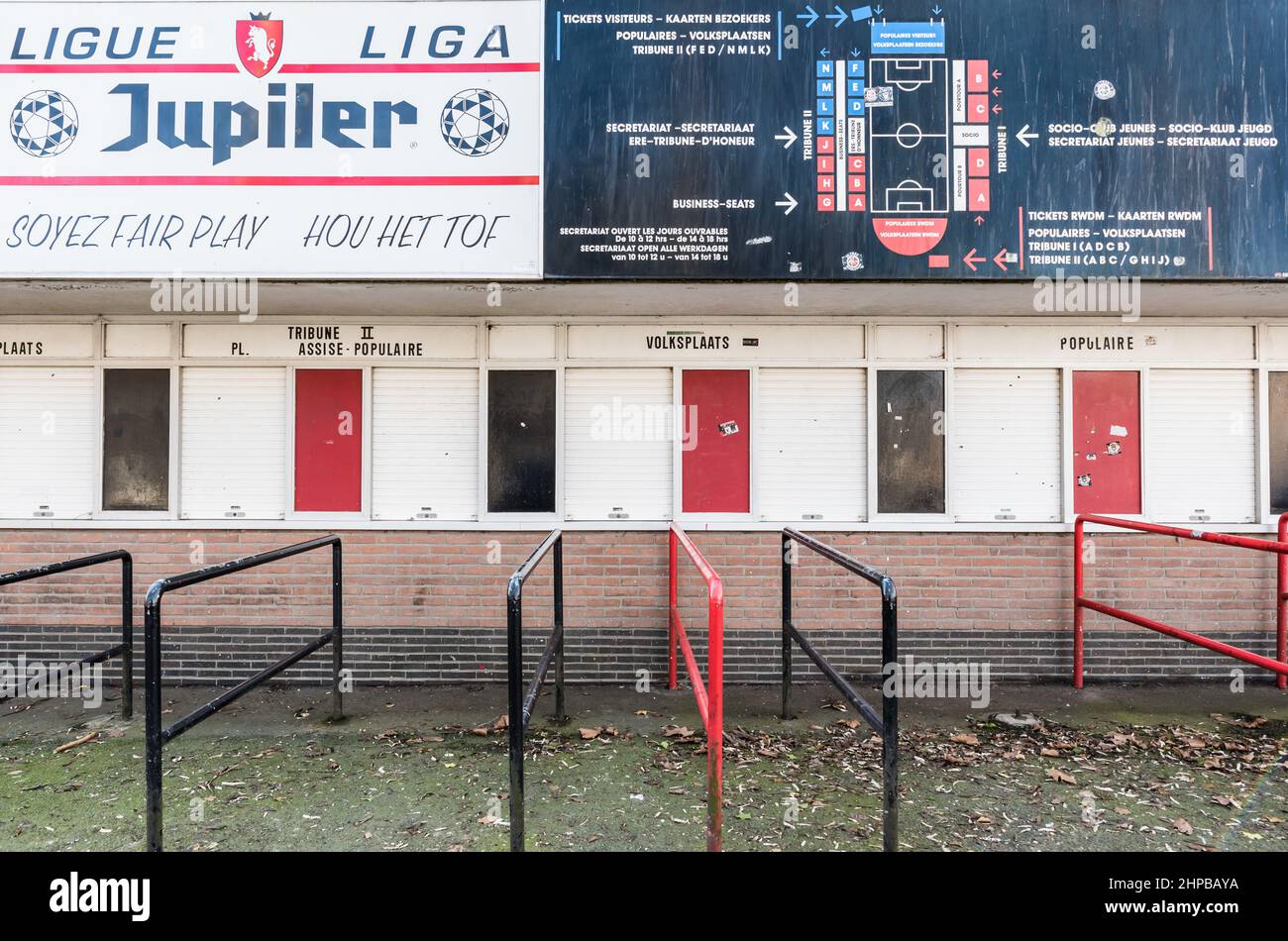 Molenbeek, Brussels / Belgium - 02 16 2019: Ticket box offices of the Racing White Daring Molenbeek football stadium. Stock Photo