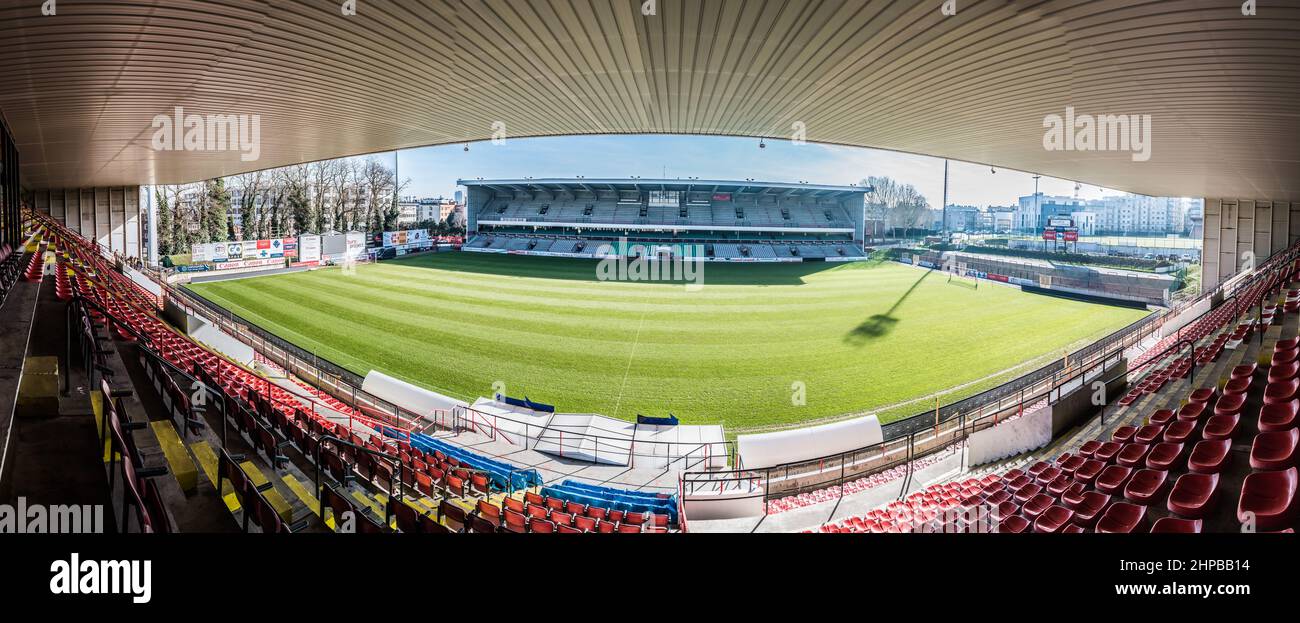 Molenbeek, Brussels / Belgium - 02 16 2019: Colorful seats on the tribunes  of the Racing White Daring Molenbeek football stadium Stock Photo - Alamy
