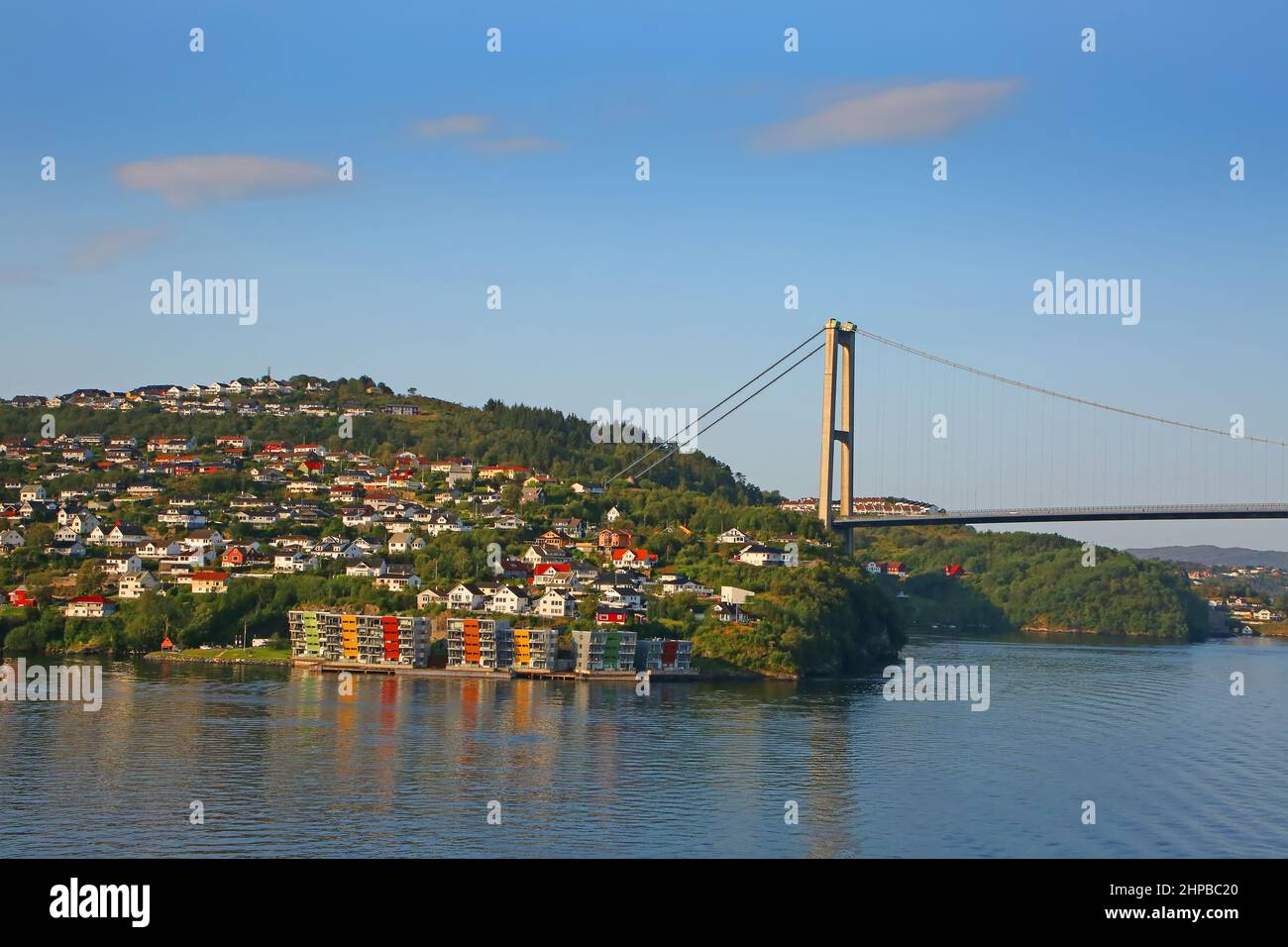 Beautiful view from the port of Bergen of the landscape and the Askøy Bridge which is a suspension bridge, Norway. Stock Photo