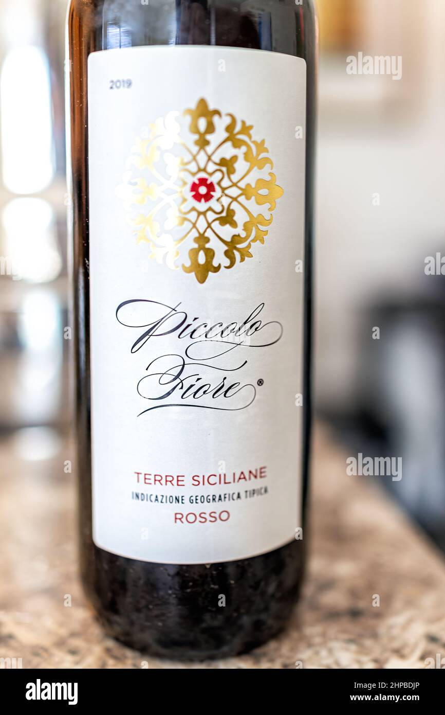 Miami, USA July 27, 2021 Closeup of one bottle for alcohol red wine