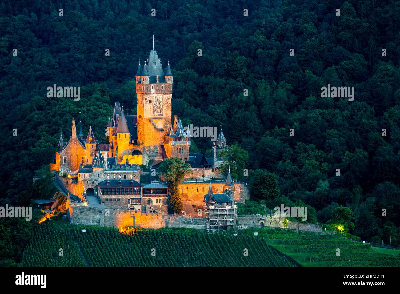 Summer evening view of the Reichsburg Cochem in the Moselle Valley in Germany. Stock Photo