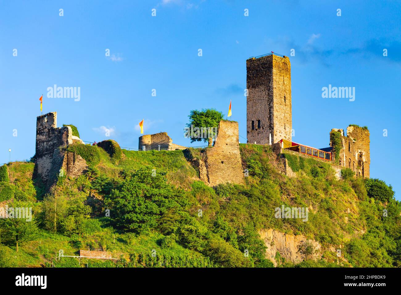 Summer evening view of the castle ruin Metternich in Beilstein in the Moselle Valley, Germany. Stock Photo