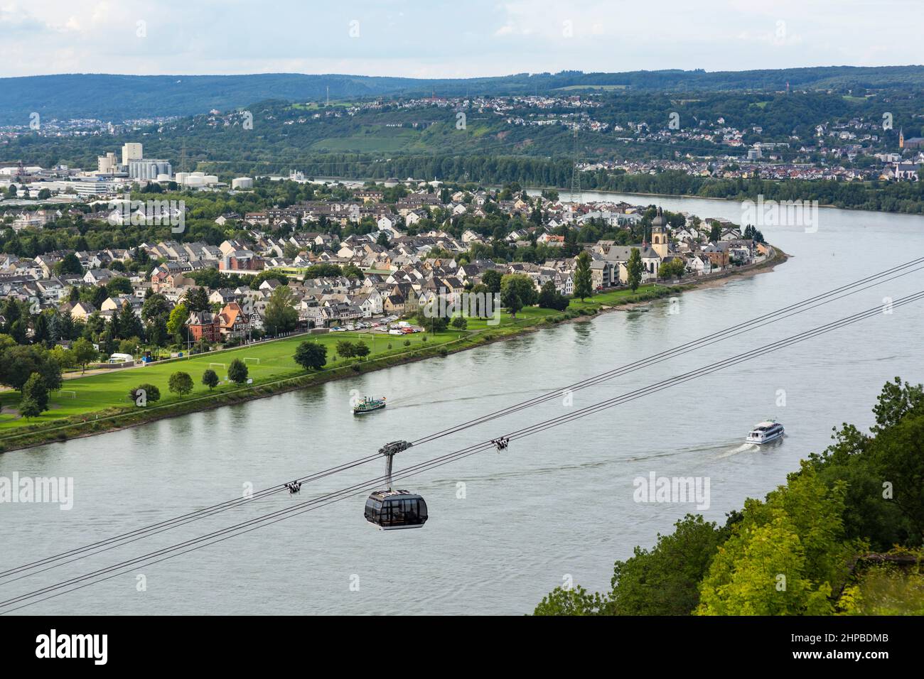 View along the Rhine valley in Koblenz, Germany with the famous cable car seen from Ehrenbreitstein. Stock Photo