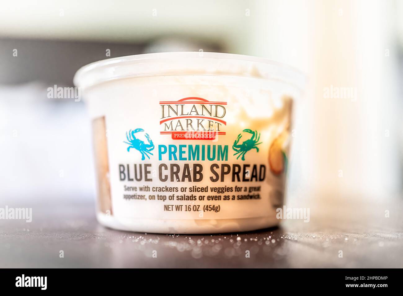 Naples, USA - August 5, 2021: Closeup of sign label and product for Inland Market Premium Blue Crab Spread storebought at Costco Stock Photo