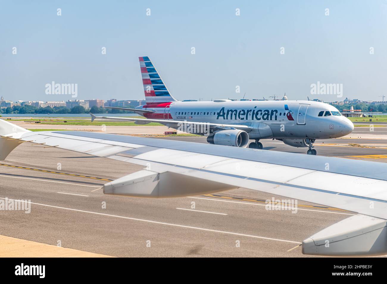 Washington DC, USA August 25, 2021 Airplane window view of American