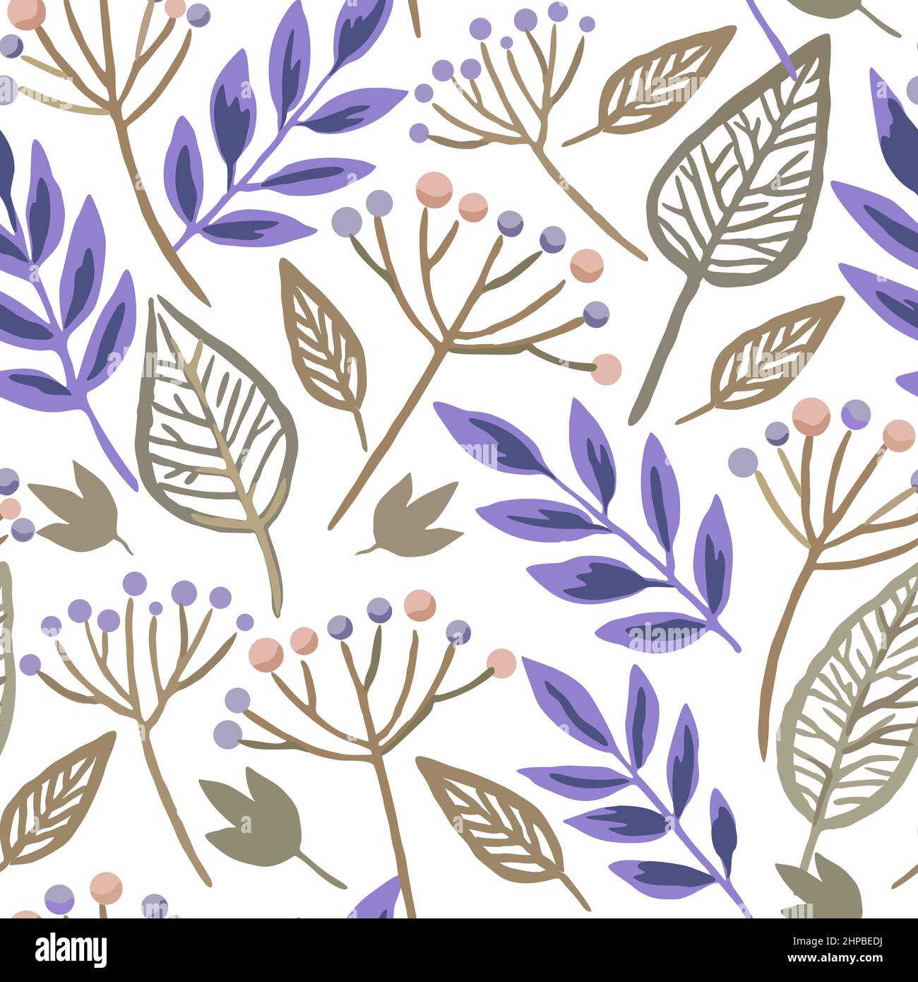 Seamless pattern with berry branches and skeleton autumn leaves. Vector ...
