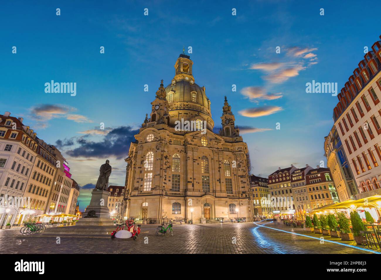 Dresden Germany, night city skyline at Frauenkirche Church Stock Photo