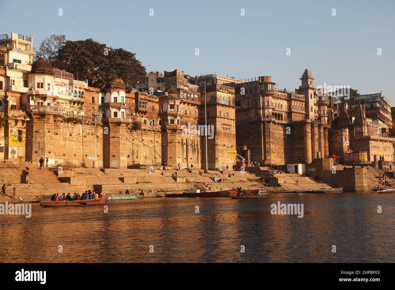 Towers and Turrets of old havelis built by Prince of Bihar in 1900's at Darbhanga Ghat on the River Ganges at Varanasi in Uttar Pradesh, India Stock Photo