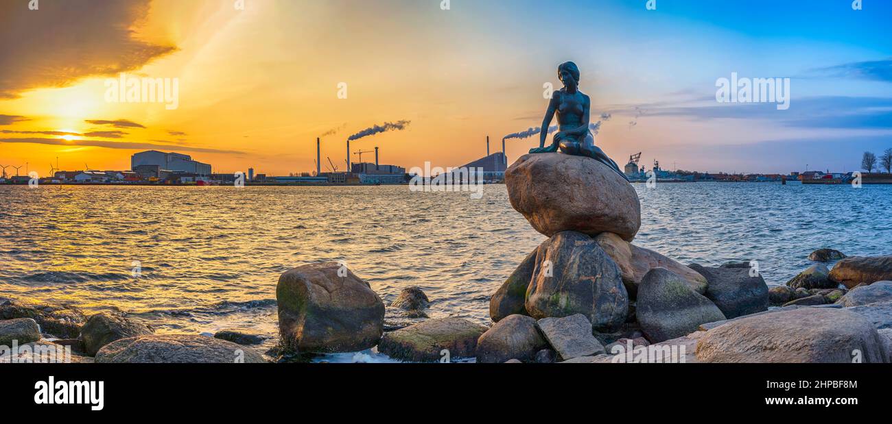 Copenhagen, Denmark - April 12, 2018: city skyline sunrise at Little Mermaid Statue Stock Photo