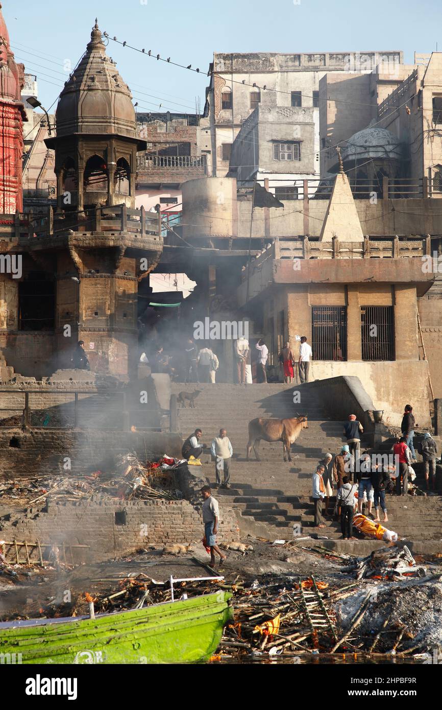 Funeral Pyres burn day and night at Manikarnika Cremation Ghat on the