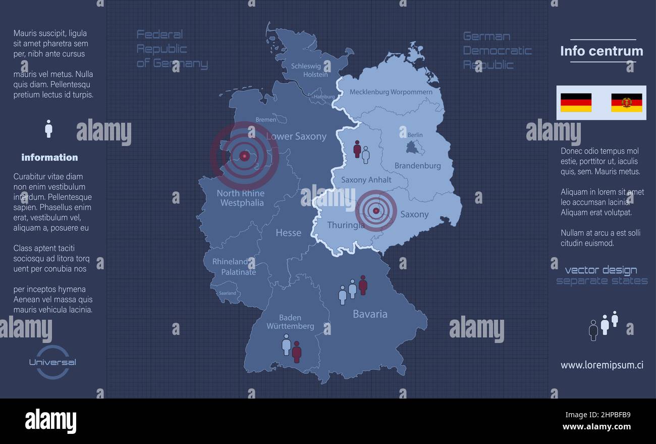 Germany map divided on West and East Germany with regions with names