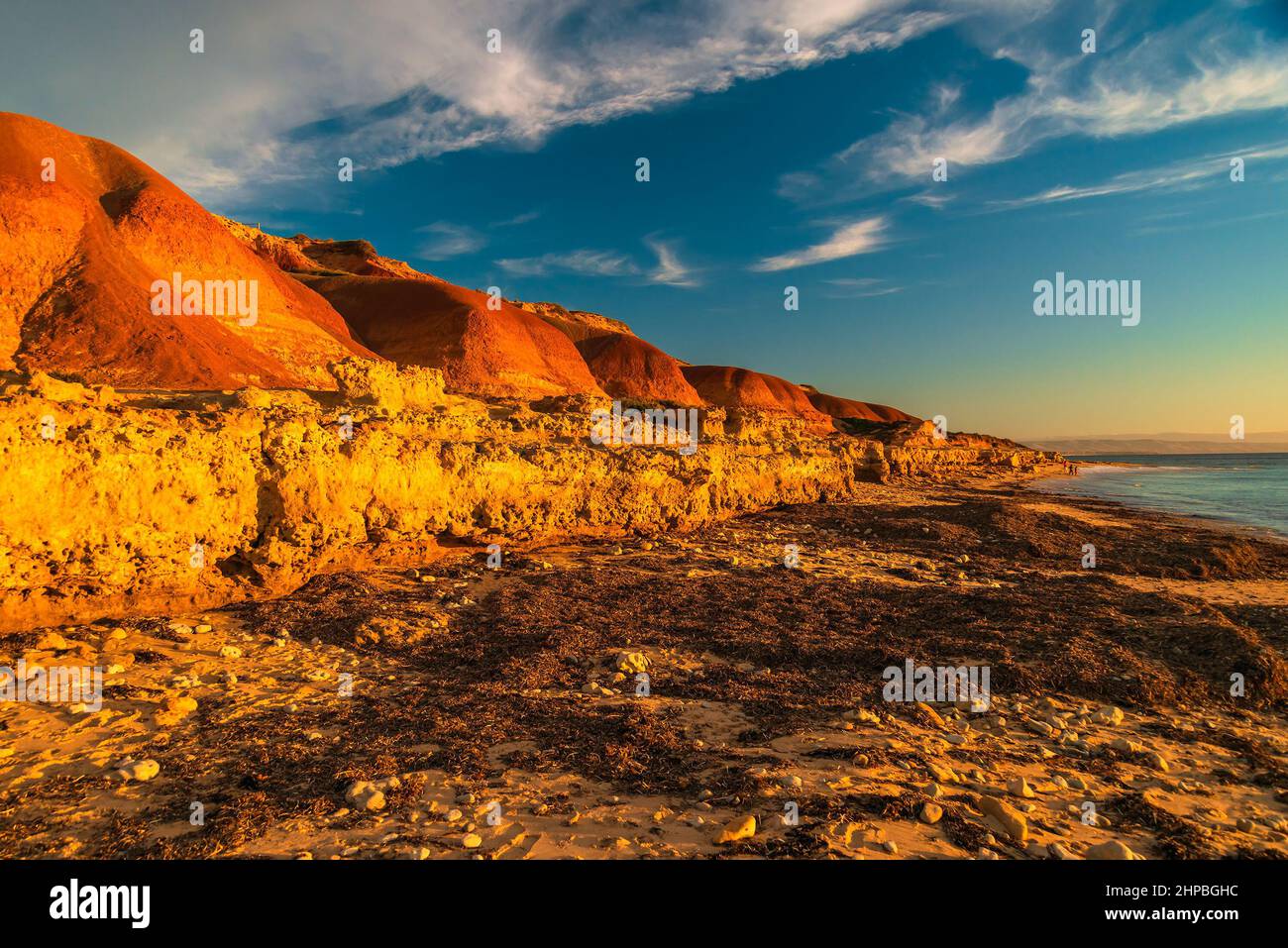 Port Noarlunga South beach coastline at sunset, South Australia Stock Photo