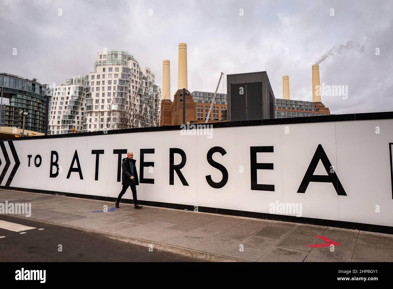 Battersea Power Station recently got it sow underground station. Image of the sign outside directing people toward the station on foot. Stock Photo