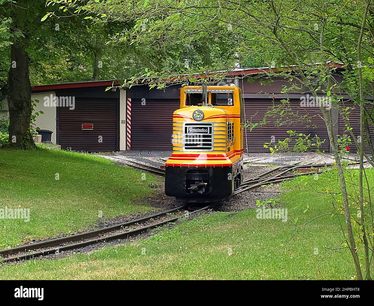 Red steam locomotive at the Hoehenpark Killesberg in Stuttgart Stock Photo