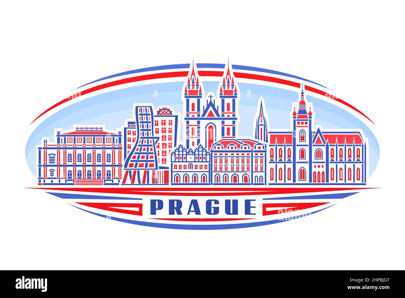Vector illustration of Prague, red horizontal badge with linear design famous prague city scape on day sky background, european urban line art concept Stock Vector