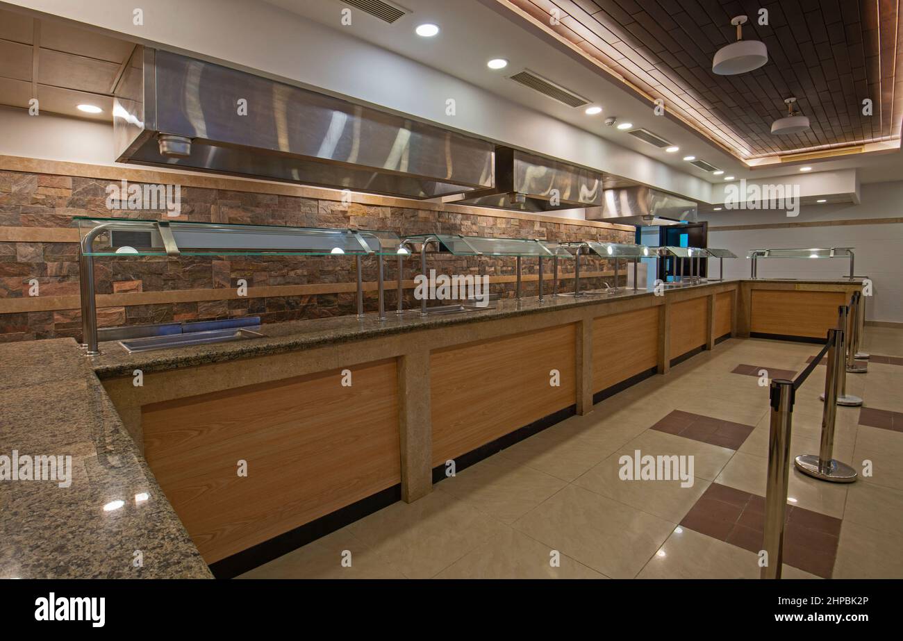 Interior design decor of restaurant buffet bar area with serving trays