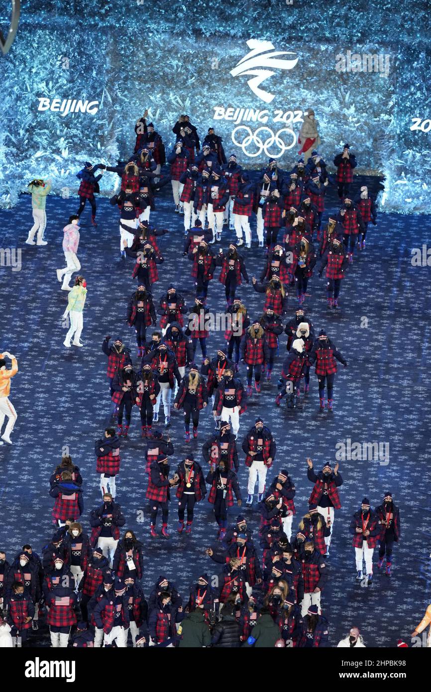 Beijing, China. 20th Feb, 2022. The United States Olympic Team arrives at the Olympic Closing