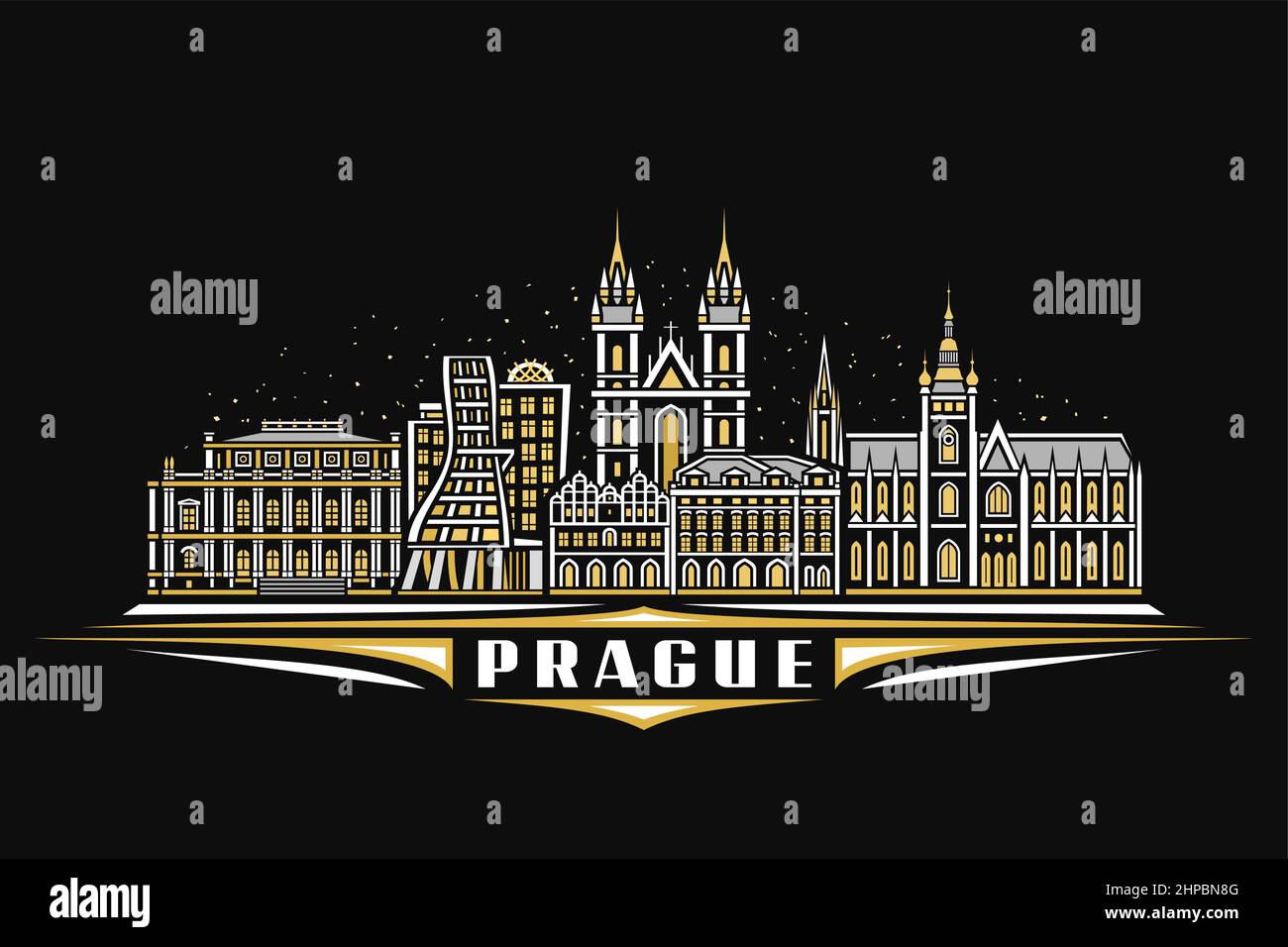 Vector illustration of Prague, dark horizontal poster with linear design famous prague city scape on dusk sky background, european urban line art conc Stock Vector