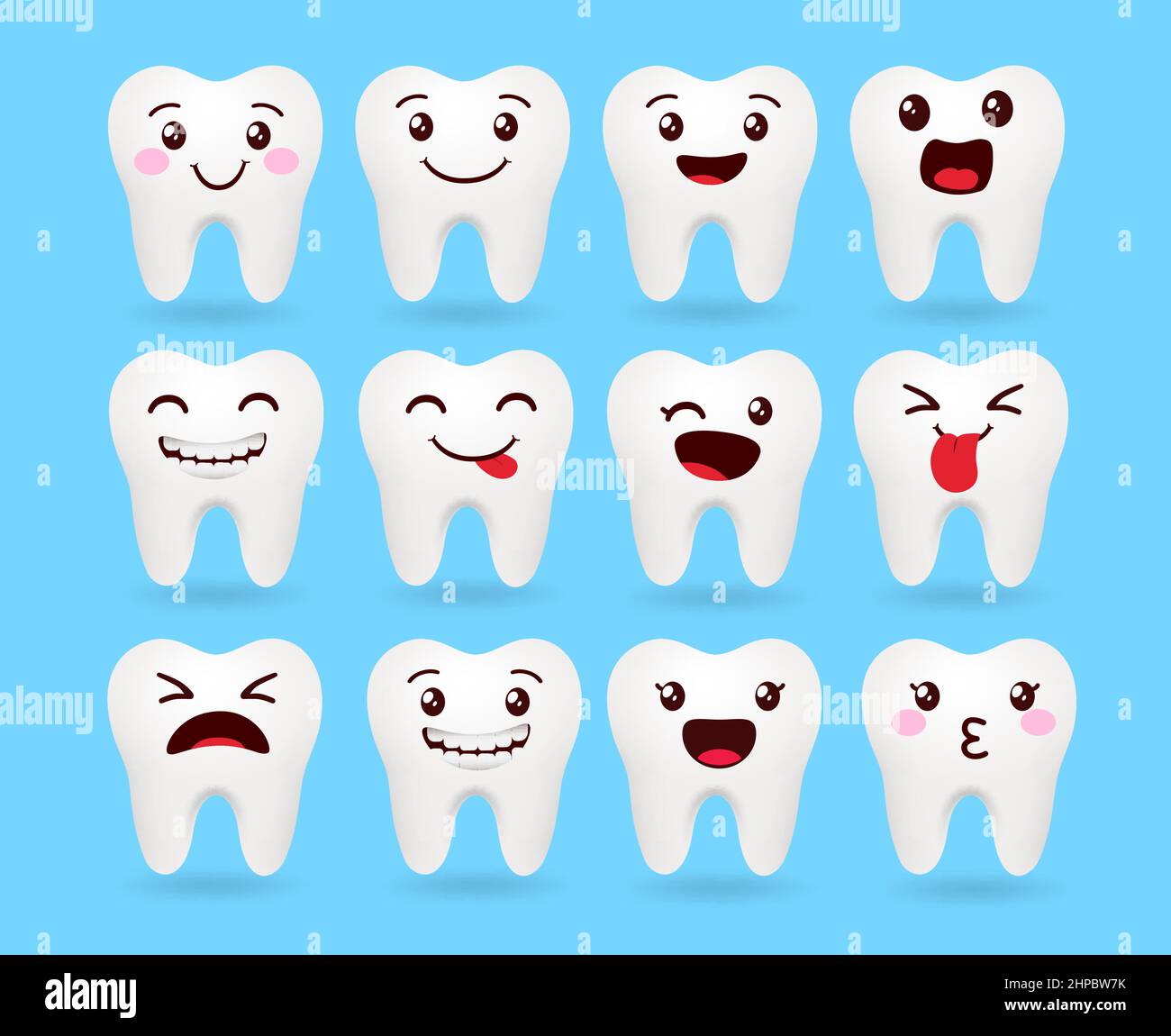 Emoji tooth vector set design. Emojis teeth emoticon with cute kawaii and funny facial expression for dental emoticons character face expressions. Stock Vector