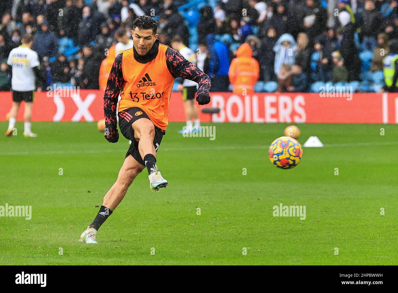 Cristiano Ronaldo #7 of Manchester United shoots at goal during the pre-game warmup in, on 2/20/2022. (Photo by Mark Cosgrove/News Images/Sipa USA) Credit: Sipa USA/Alamy Live News Stock Photo