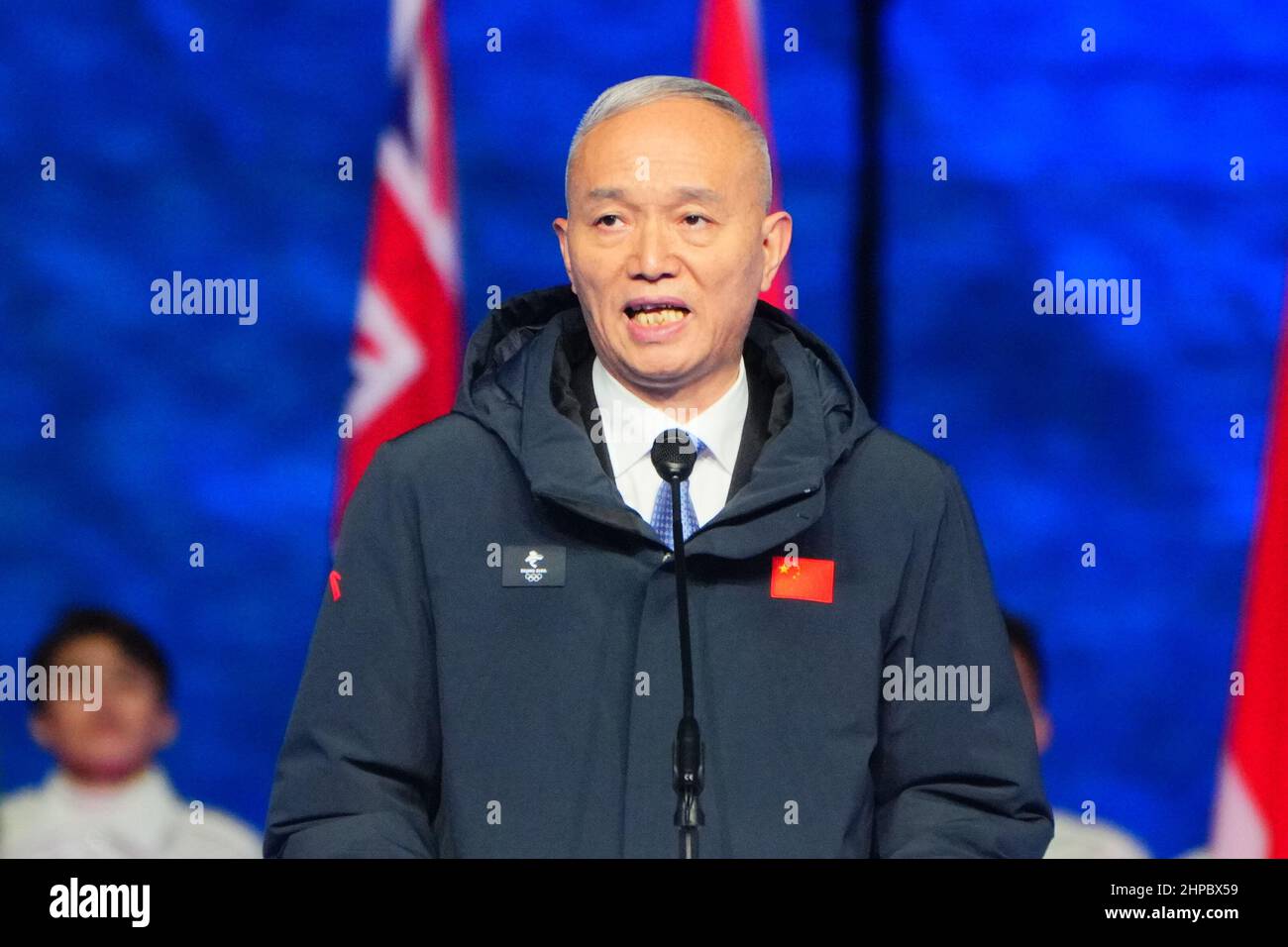 Beijing, China. 20th Feb, 2022. Caption: Olympics, Closing Ceremony of the 2022 Winter Olympic Games, at the Bird's Nest National Stadium, Cai Qi, Chairman of the 2022 Games Organizing Committee, speaks. Credit: Michael Kappeler/dpa/Alamy Live News Stock Photo