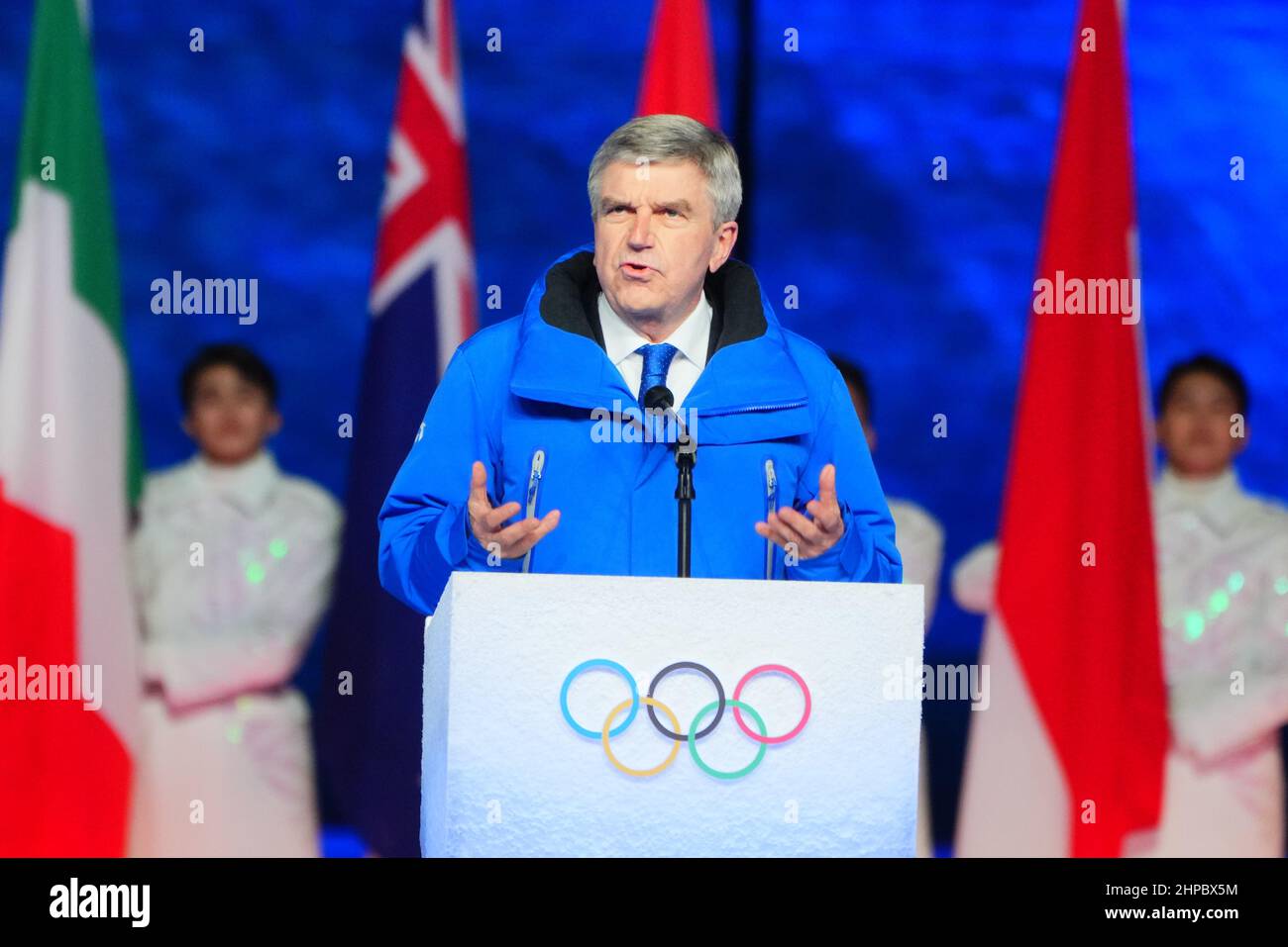 Beijing, China. 20th Feb, 2022. Caption: Olympics, Closing Ceremony of the 2022 Winter Olympic Games, at the Bird's Nest National Stadium, Thomas Bach, President of the IOC, speaks. Credit: Michael Kappeler/dpa/Alamy Live News Stock Photo
