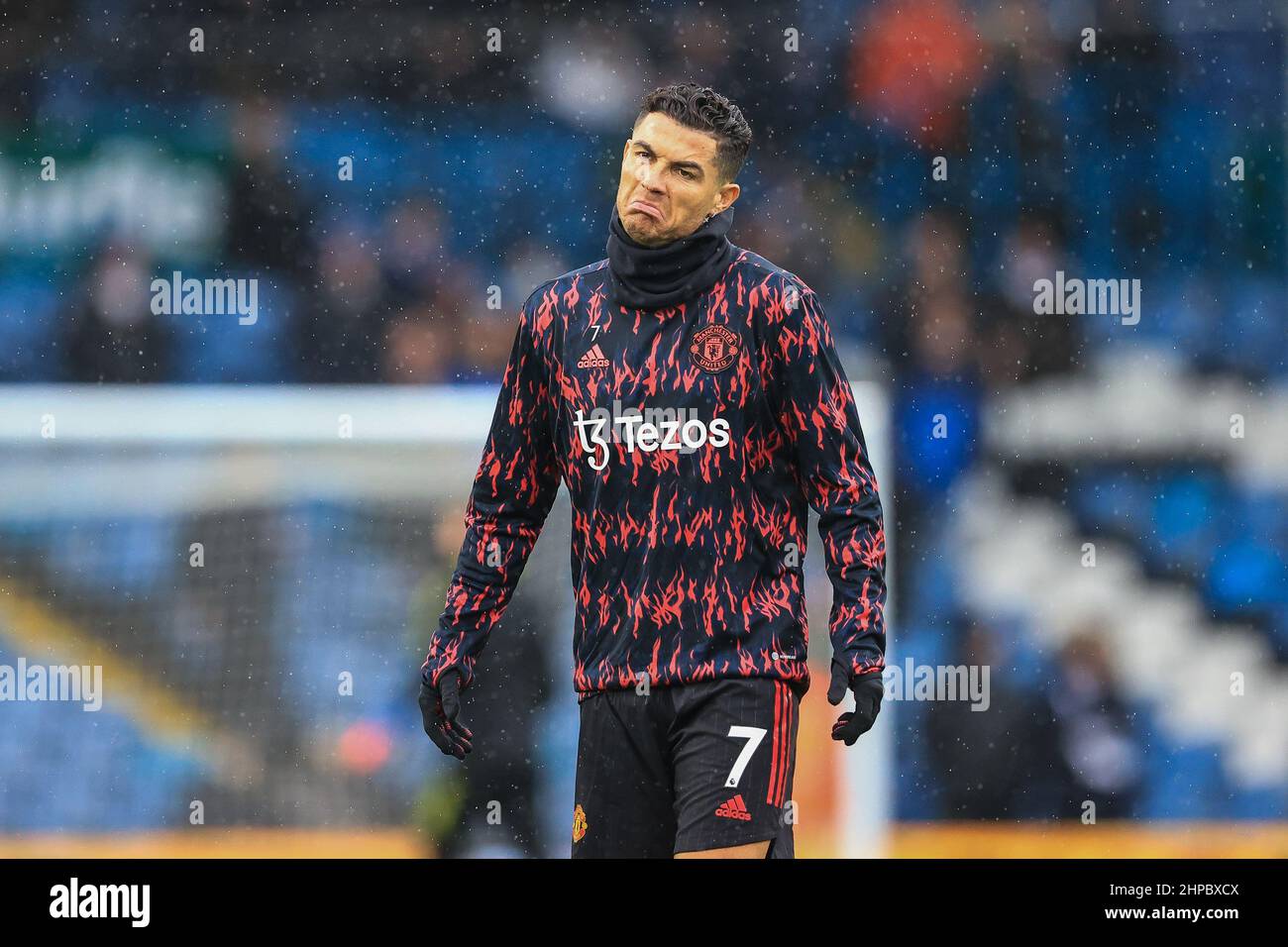 Cristiano Ronaldo #7 of Manchester United shrugs his shoulders during the pre-game warmup in ,  on 2/20/2022. (Photo by Mark Cosgrove/News Images/Sipa USA) Stock Photo