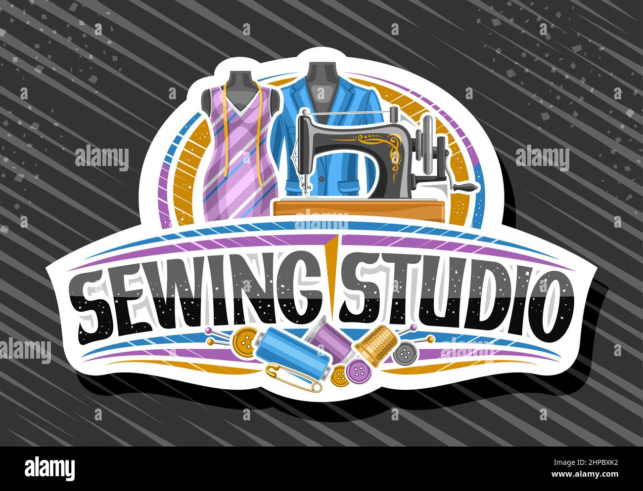 Vector logo for Sewing Studio, decorative cut paper signboard with illustration of old sewing machine, mens blazer and female dress on dummies and uni Stock Vector
