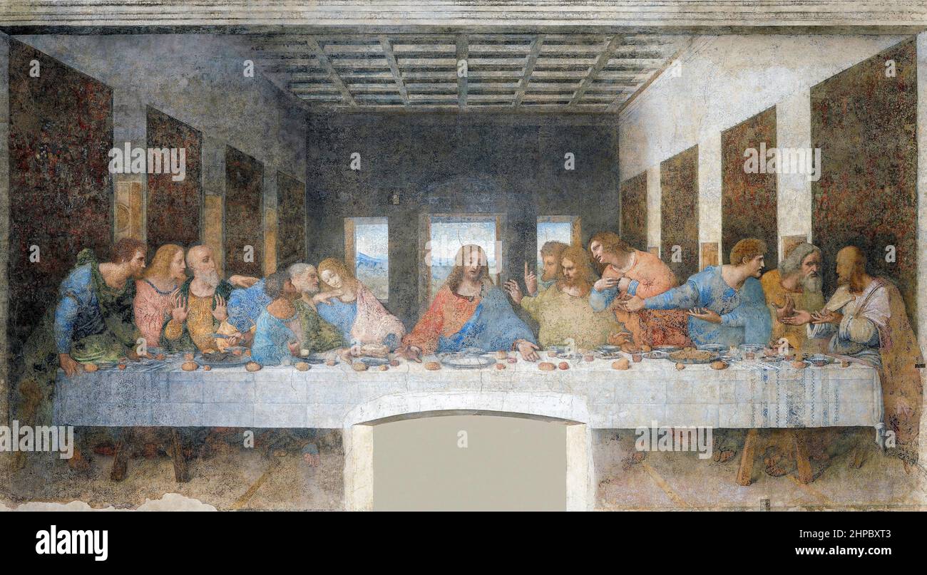 The Last Supper by Leonardo da Vinci (1452-1519) mural painted 1495-1498 showing Jesus with his 12 disciples at the moment Jesus announces that one of his apostles will betray him. Stock Photo
