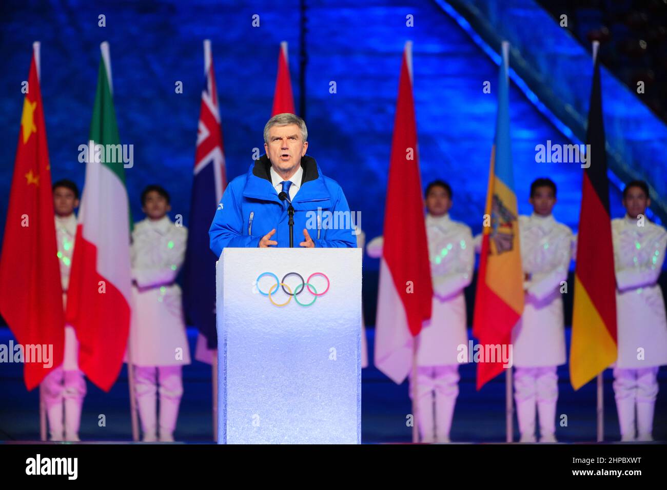 Beijing, China. 20th Feb, 2022. Caption: Olympics, Closing Ceremony of the 2022 Winter Olympic Games, at the Bird's Nest National Stadium, Thomas Bach, President of the IOC, speaks. Credit: Michael Kappeler/dpa/Alamy Live News Stock Photo