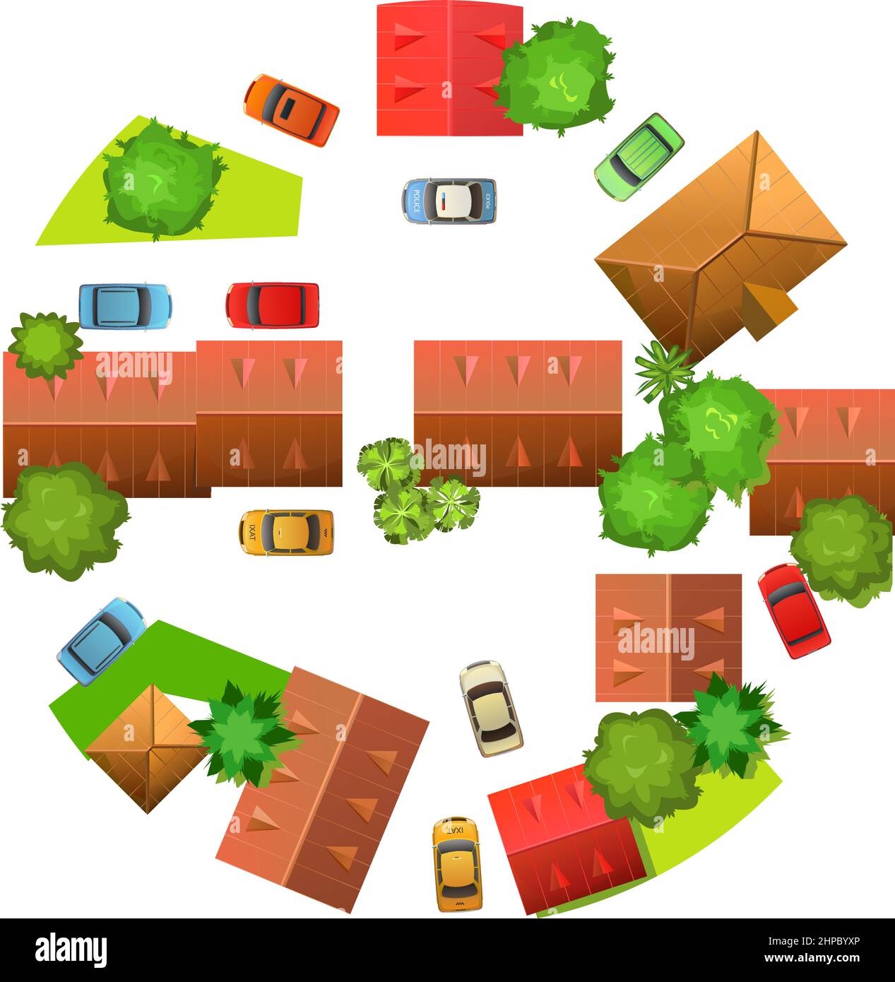 Roads and squares of city. Fragment of small town. Top View from above. Isolated on white background. Cartoon cute style illustration. Modern cars. Ro Stock Vector