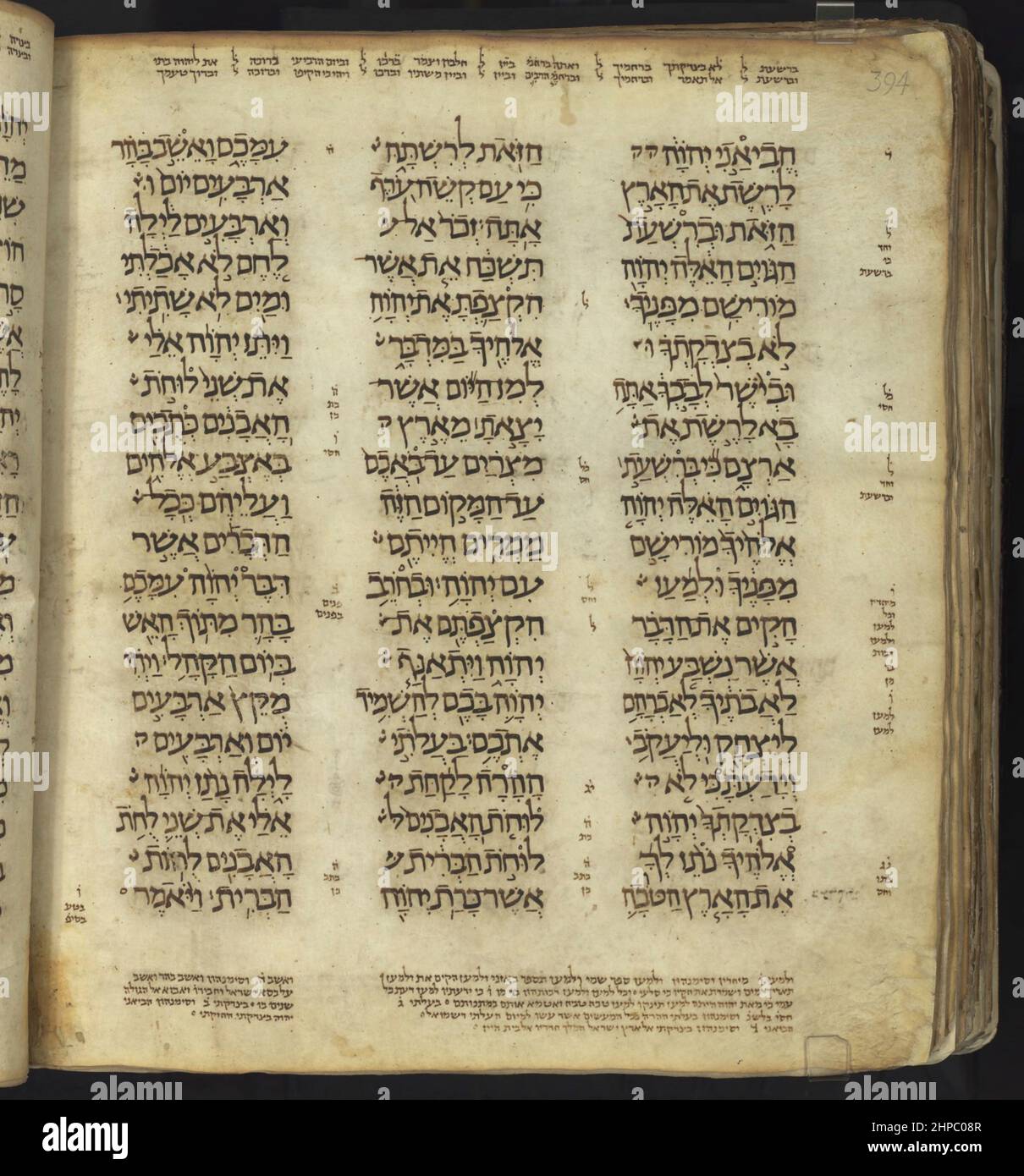 The Damascus Pentateuch (Keter Dameseq or Crown of Damascus) is a 10th-century Hebrew Bible codex, consisting of the almost complete Pentateuch, the Five Books of Moses. he codex was copied by an unknown scribe, replete with Masoretic annotations. The manuscript is defective in its beginning, as it starts with Genesis 9:26, and Exodus 18:1–23 is also missing. In 1975 it was acquired by the Jewish National and University Library, Jerusalem, which in 2008 changed its name to 'National Library of Israel'. The codex was published in a large, two-volume facsimile edition in 1978. It should not be c Stock Photo