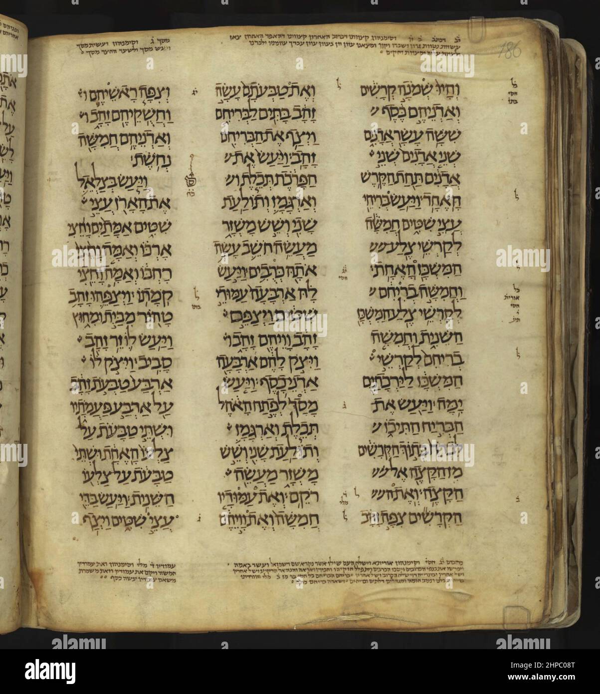 The Damascus Pentateuch (Keter Dameseq or Crown of Damascus) is a 10th-century Hebrew Bible codex, consisting of the almost complete Pentateuch, the Five Books of Moses. he codex was copied by an unknown scribe, replete with Masoretic annotations. The manuscript is defective in its beginning, as it starts with Genesis 9:26, and Exodus 18:1–23 is also missing. In 1975 it was acquired by the Jewish National and University Library, Jerusalem, which in 2008 changed its name to 'National Library of Israel'. The codex was published in a large, two-volume facsimile edition in 1978. It should not be c Stock Photo