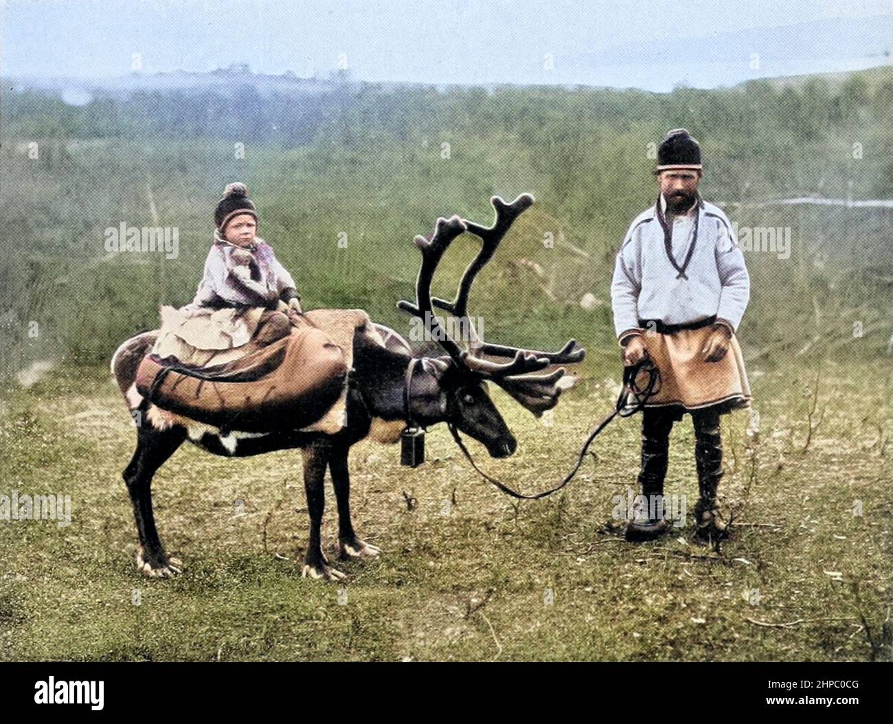 Lapps Humans Machine Colorized A Lapp child on reindeer From the book The living ...