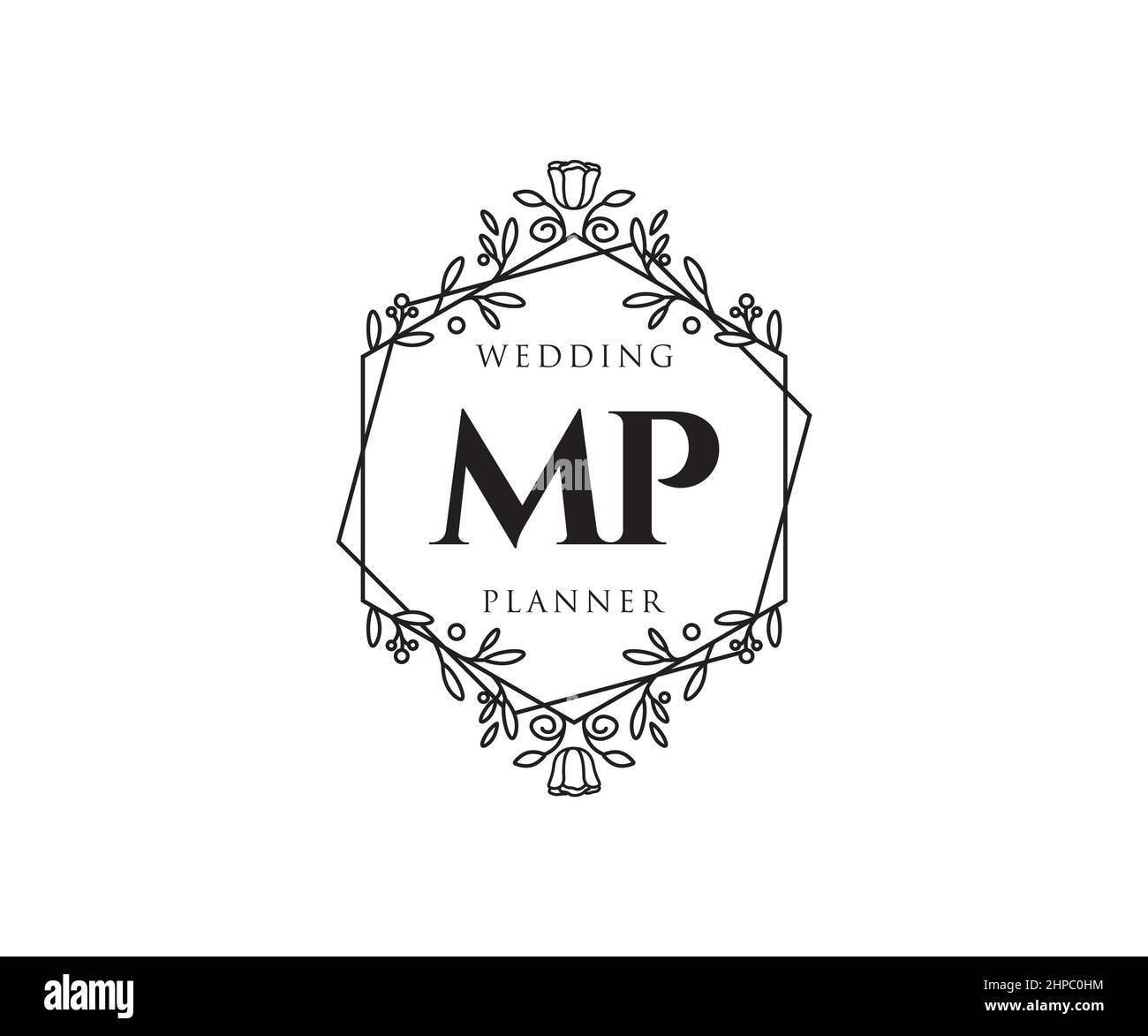 MP Initials letter Wedding monogram logos collection, hand drawn modern minimalistic and floral templates for Invitation cards, Save the Date, elegant Stock Vector