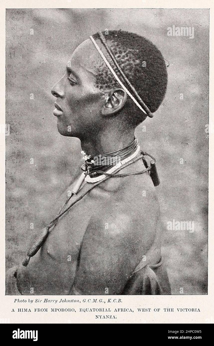A Hima from Mpororo, equatorial africa, west of the Victoria Nyanza The Hororo or Bahororo are a Bantu speaking ethnicity who live mainly in the north of the former Kigezi District of south-western Uganda. In 1905, they were described by a British officer as a 'quiet, inoffensive people' who owned cattle. They are made up mostly of the Hima ethnic group and the Iru ethnic group. from the book ' The living races of mankind ' a popular illustrated account of the customs, habits, pursuits, feasts & ceremonies of the races of mankind throughout the world by Sir Harry Hamilton Johnston, and Henry N Stock Photo
