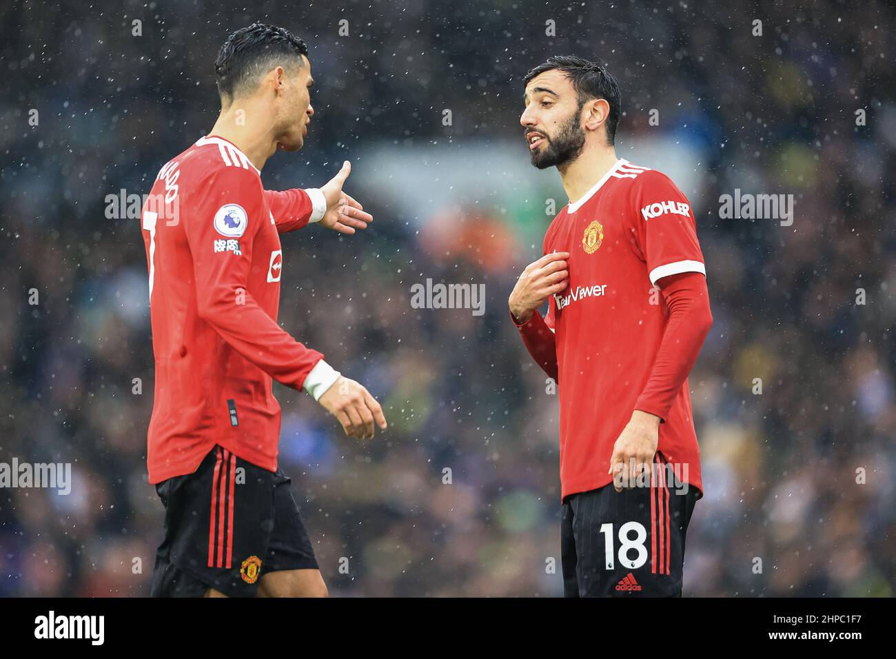 Cristiano Ronaldo #7 and Bruno Fernandes #18 of Manchester United talk during a break in play in ,  on 2/20/2022. (Photo by Mark Cosgrove/News Images/Sipa USA) Stock Photo